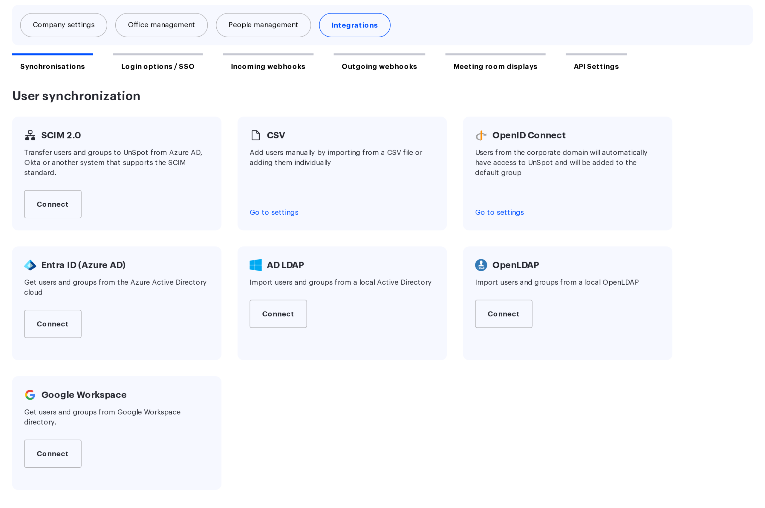 The Manage → Integrations section, Synchronisations tab with the User synchronization block