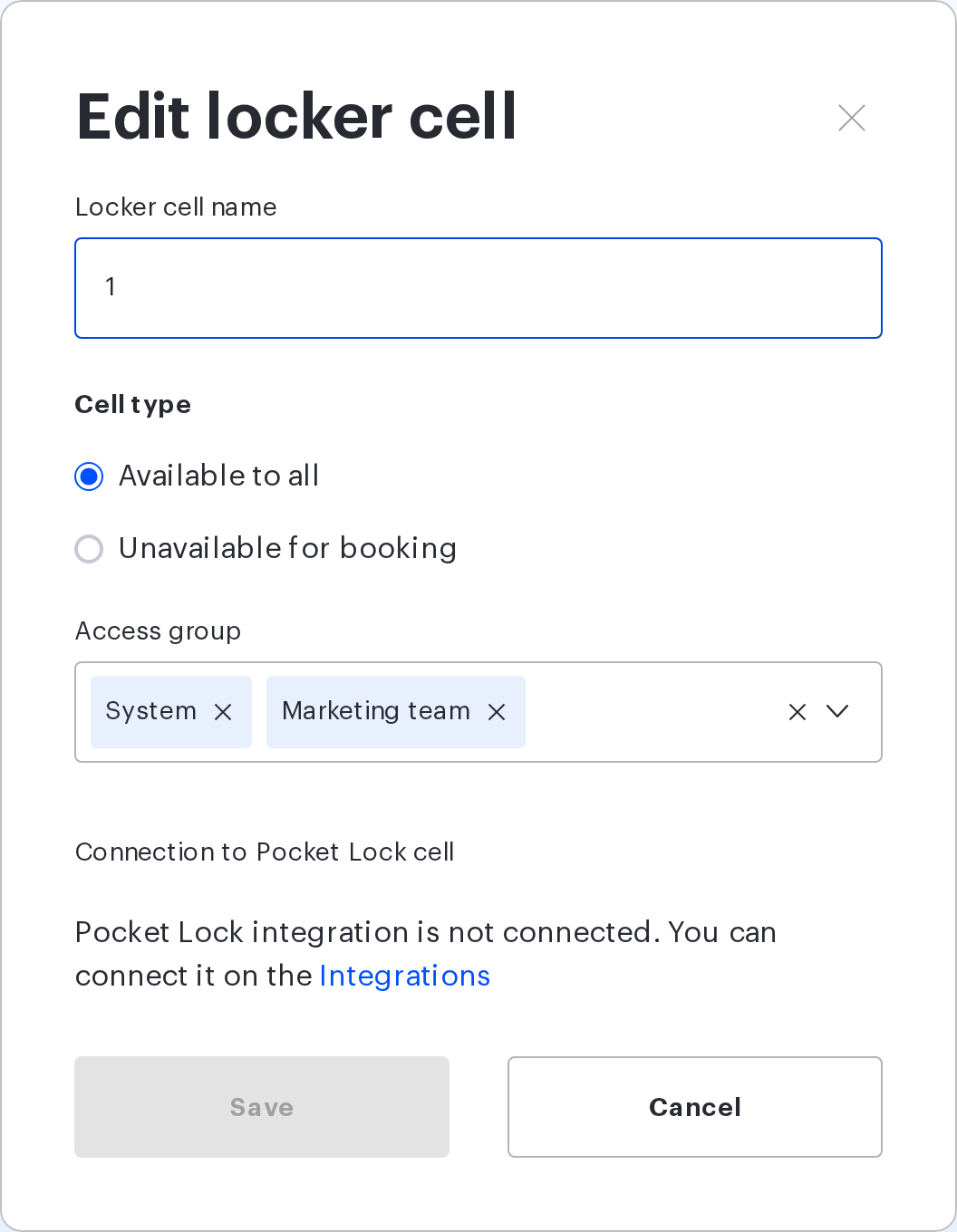 Locker cell form with the Connection to Pocket Lock cell block