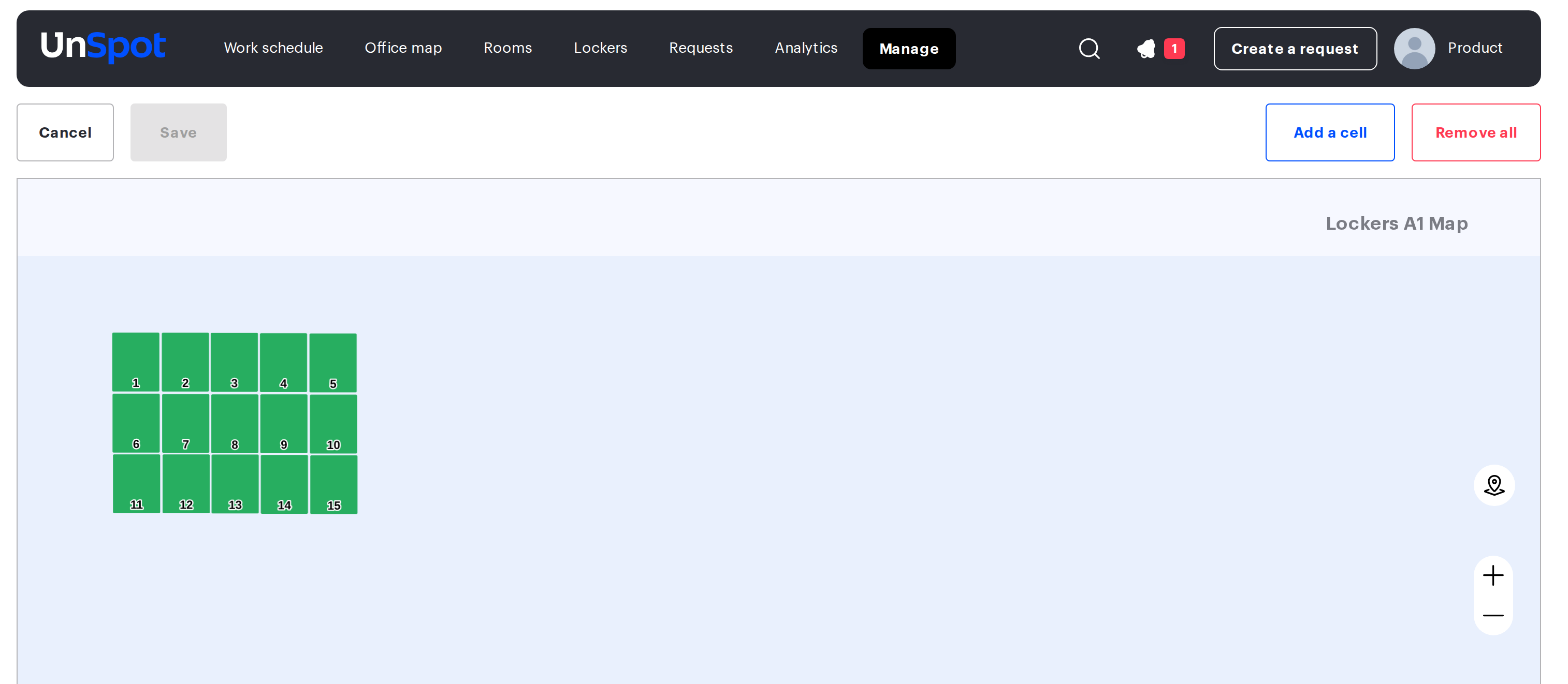 Locker map editor with the toolbar and numbered cells