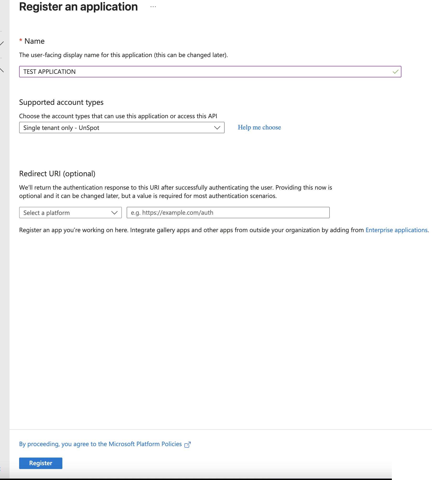 Register an application form: application name and Single tenant type