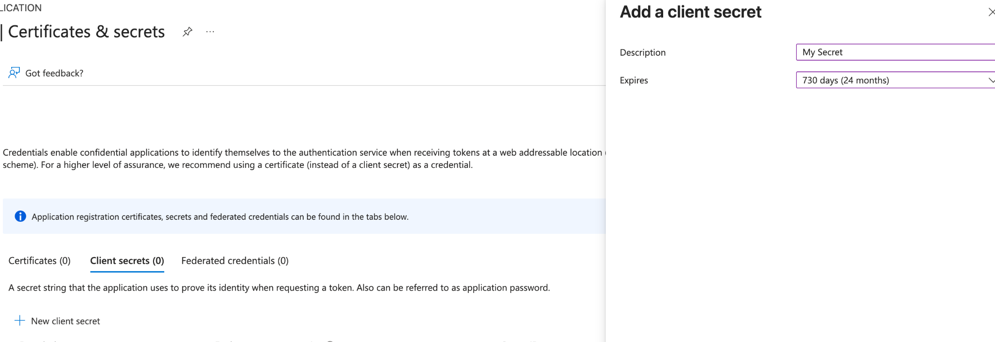 Add a client secret panel: description and expiry period