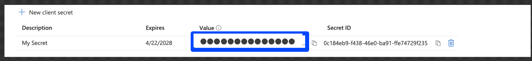 Created secret: copy the Value right away