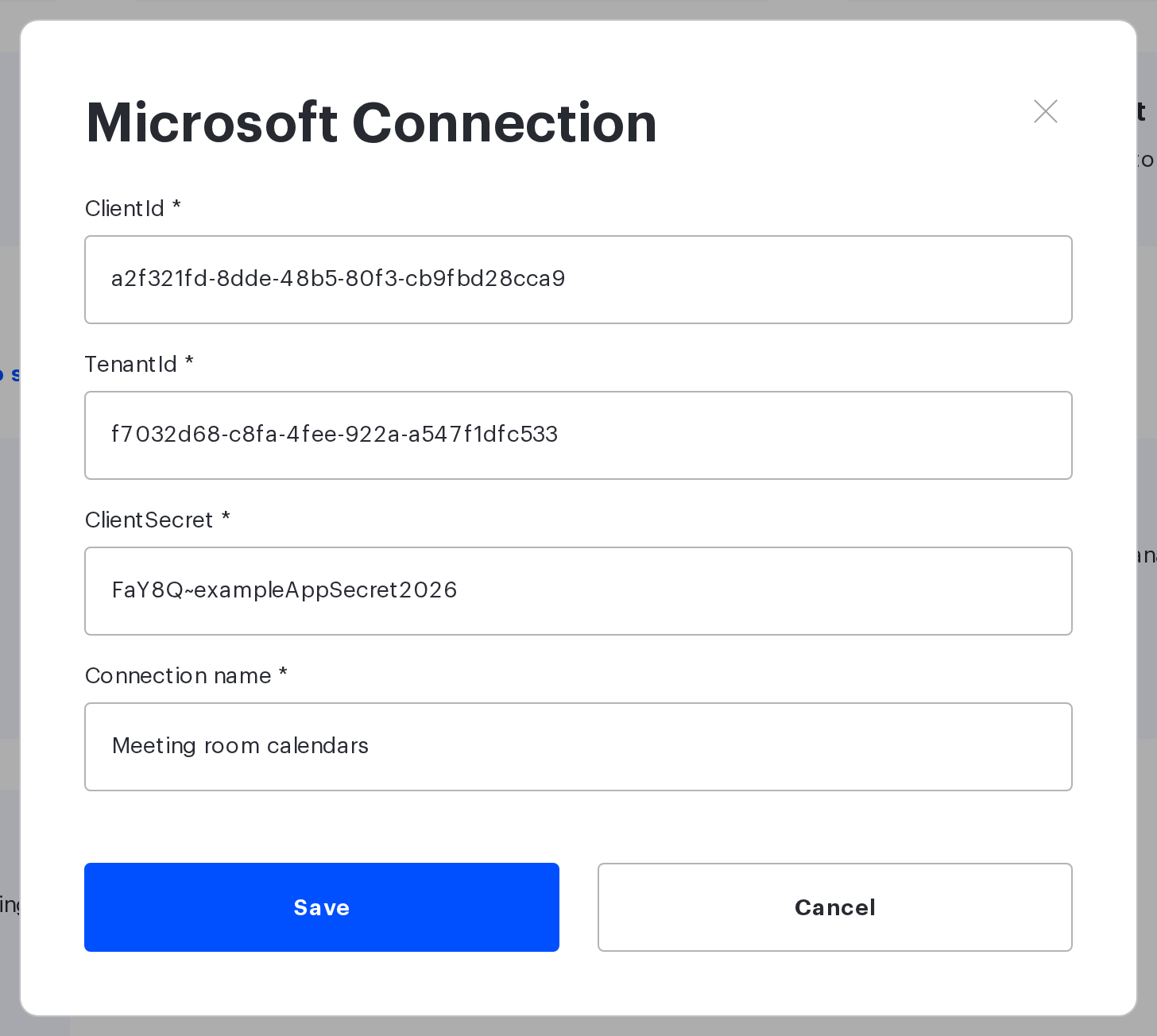 Microsoft Connection window: ClientId, TenantId, ClientSecret and connection name