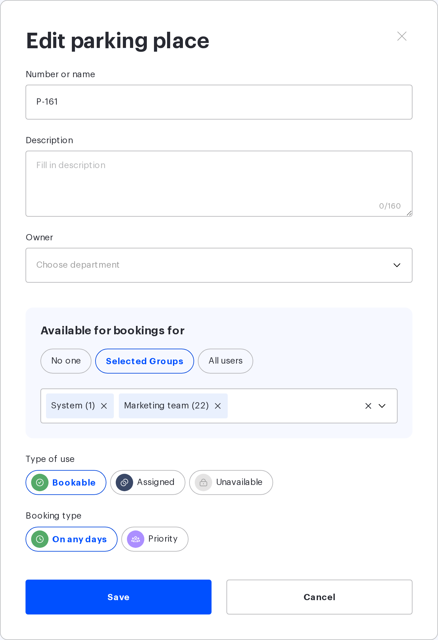 UnSpot parking space card: the 'Owner' field and the 'Available for bookings for' block