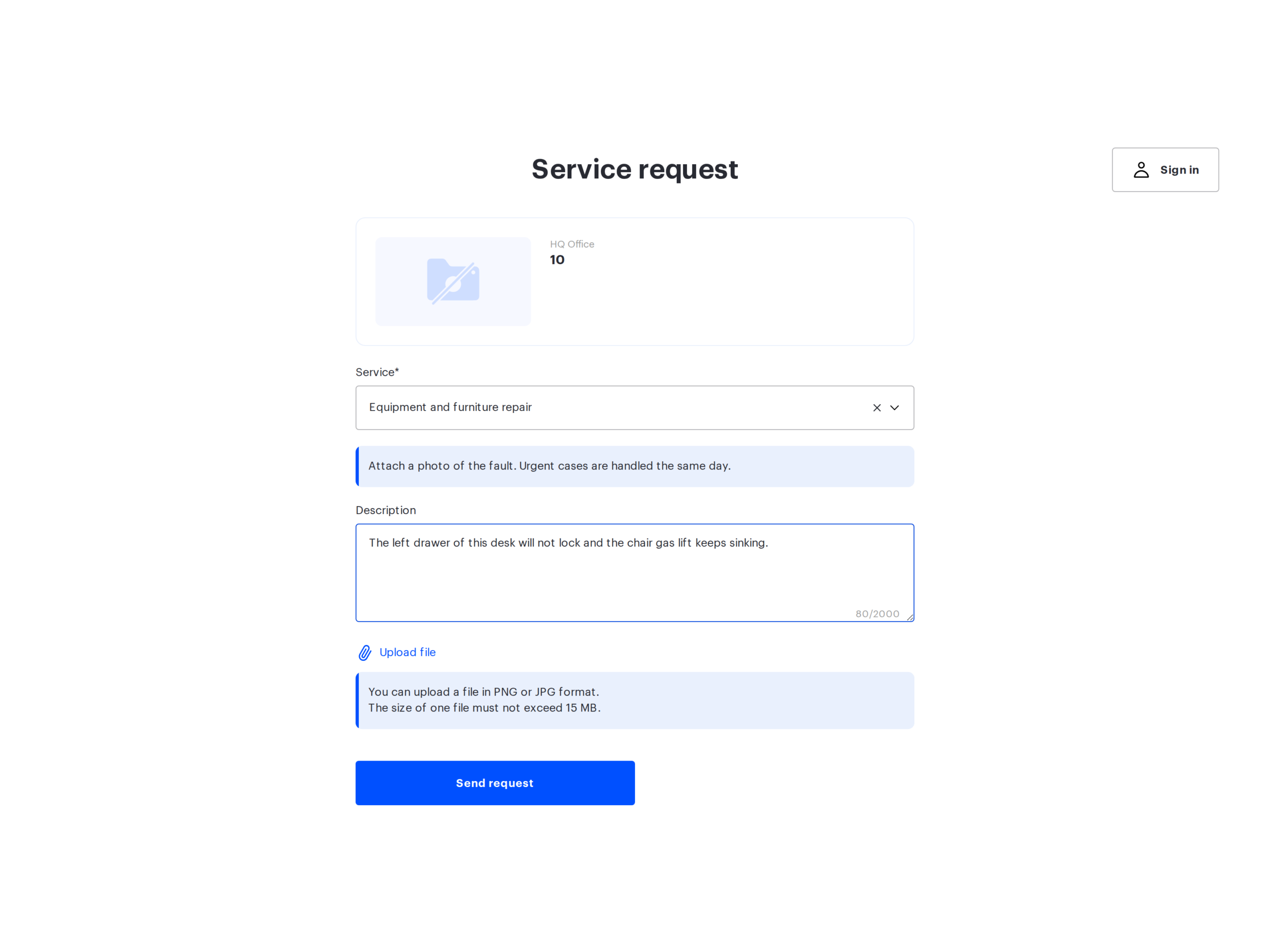 The public service request form opened from a QR code