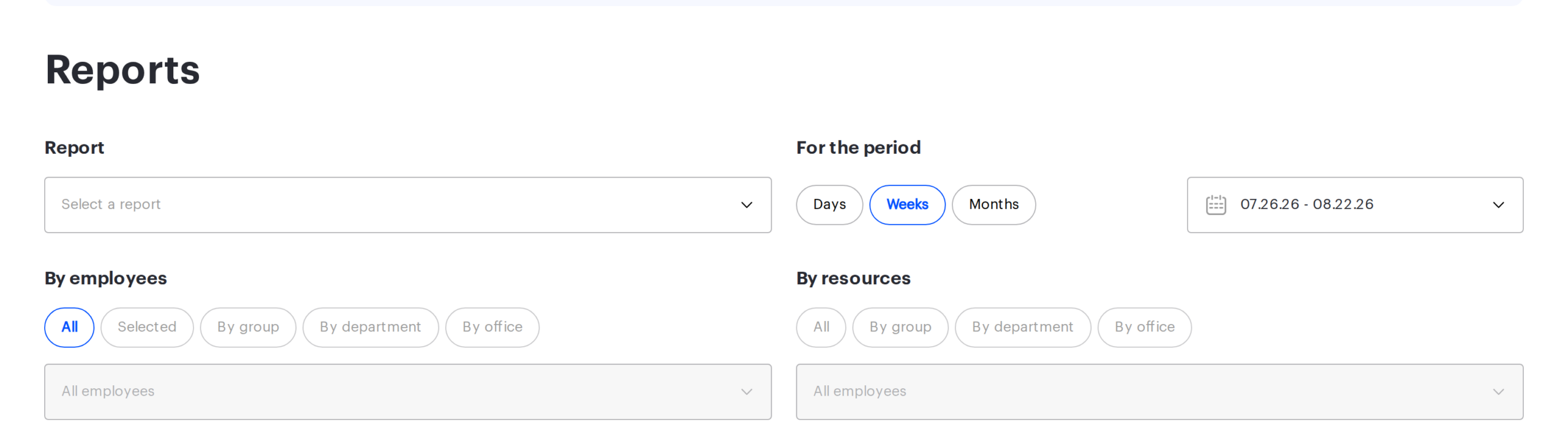 The report builder: period, filters and the fields added to the report