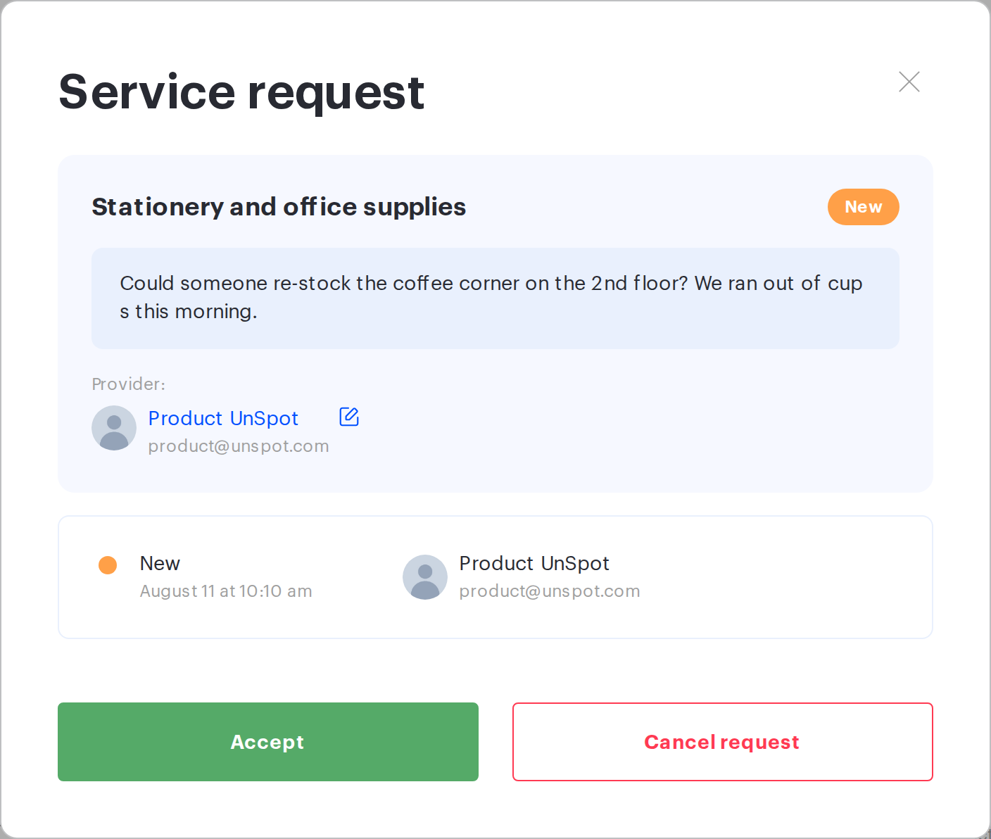 Request card with the Accept and Cancel request buttons