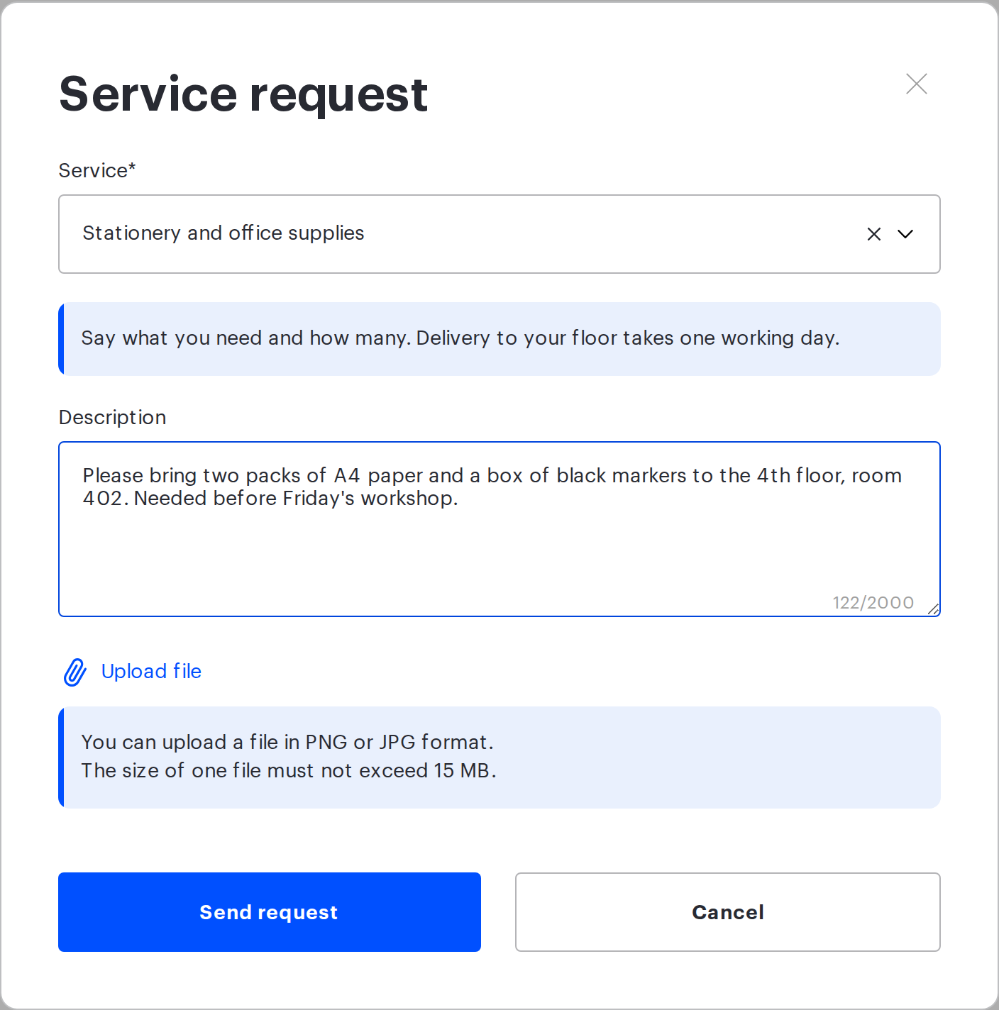 The Service request form with a service selected and a description filled in