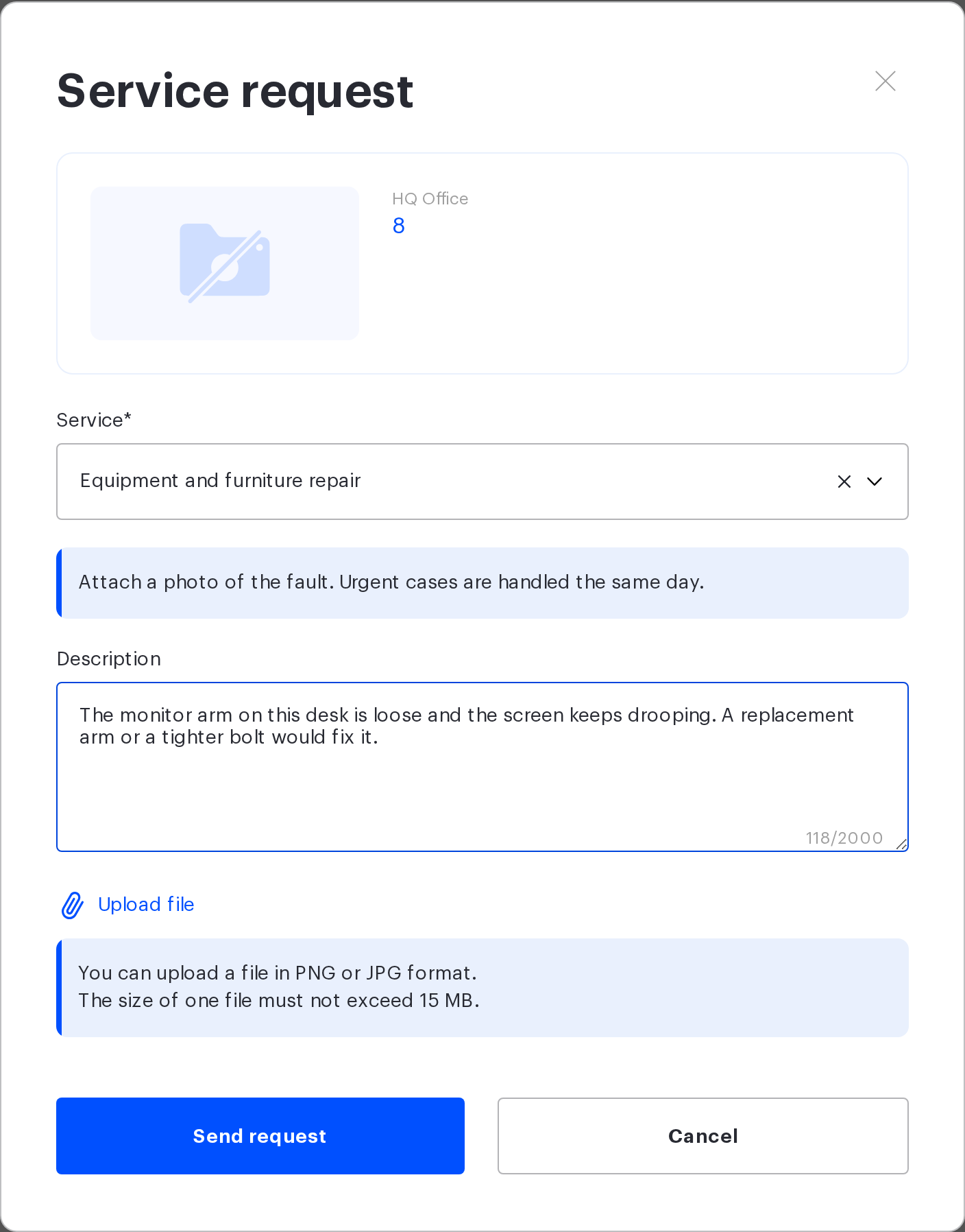 The request form with the object card filled in
