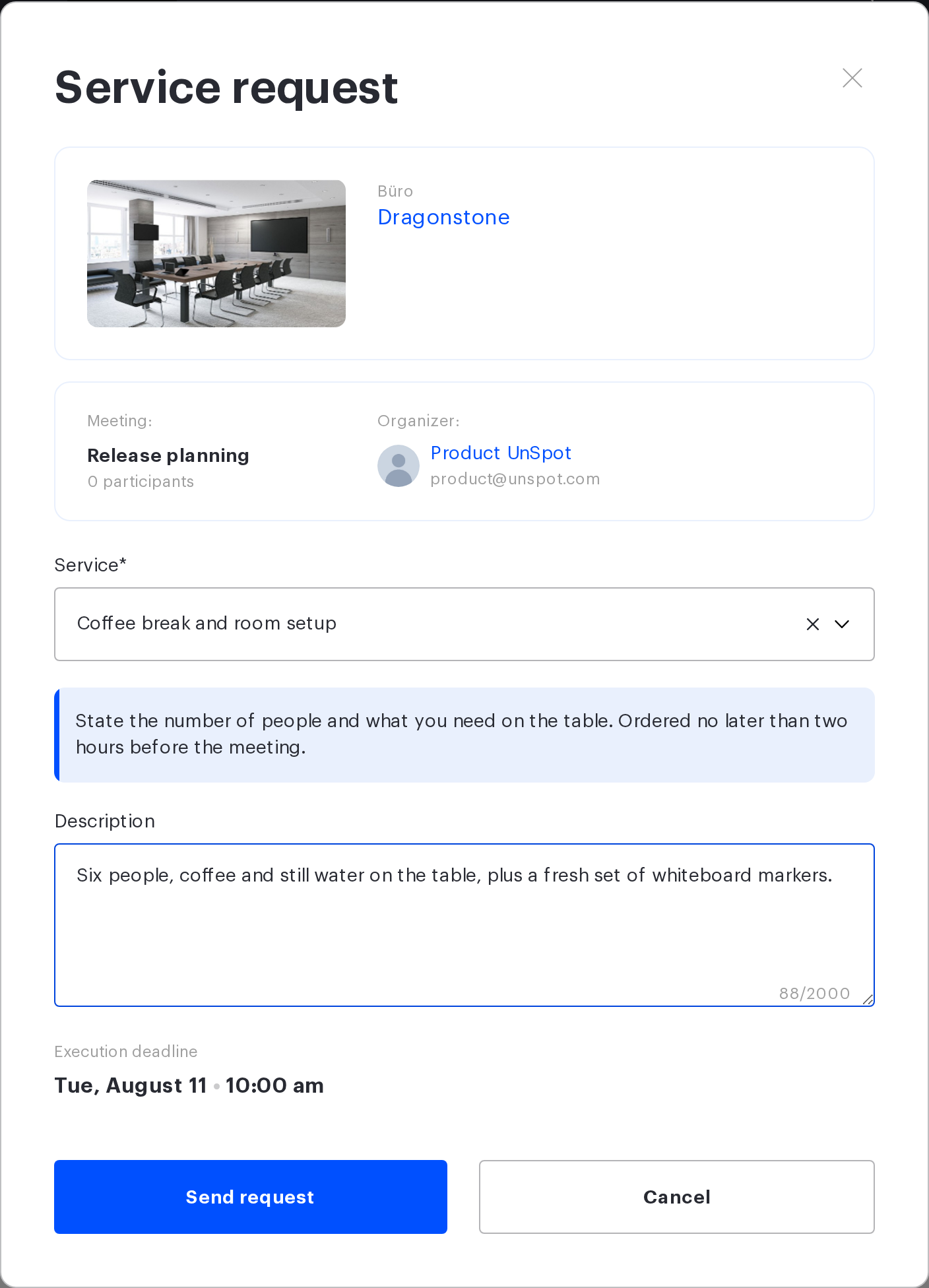 The request form for a meeting with the Execution deadline field