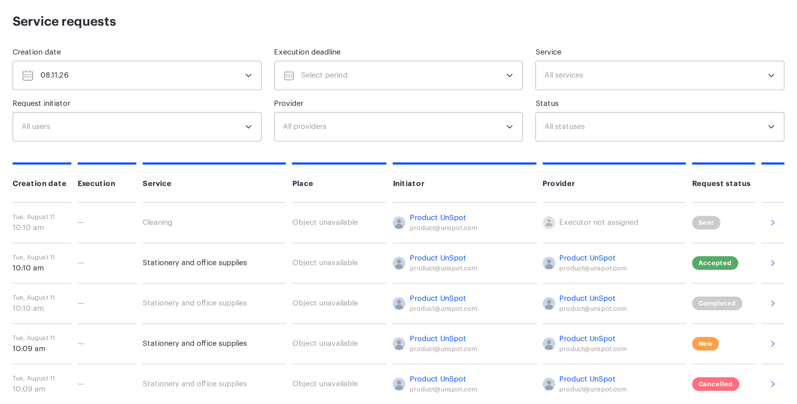 The Service requests page: filters and requests in five statuses