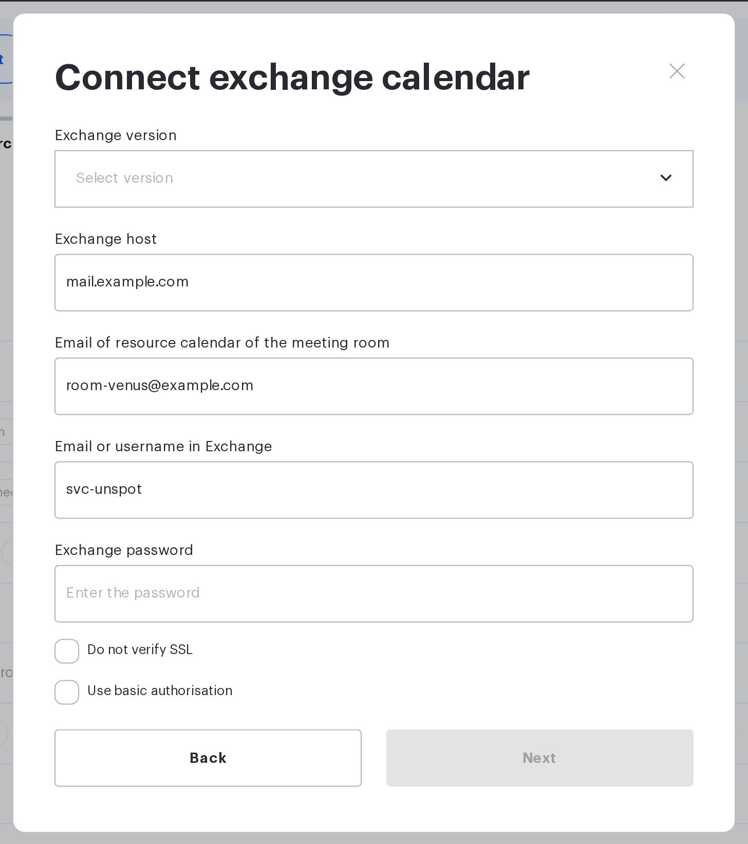Connect exchange calendar form with the Exchange version, host, resource mailbox, username and password fields