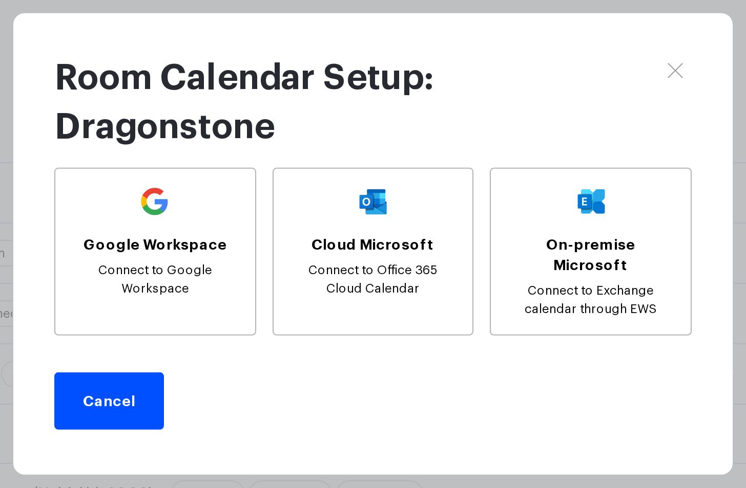 Room Calendar Setup window with the Google Workspace, Cloud Microsoft and On-premise Microsoft buttons