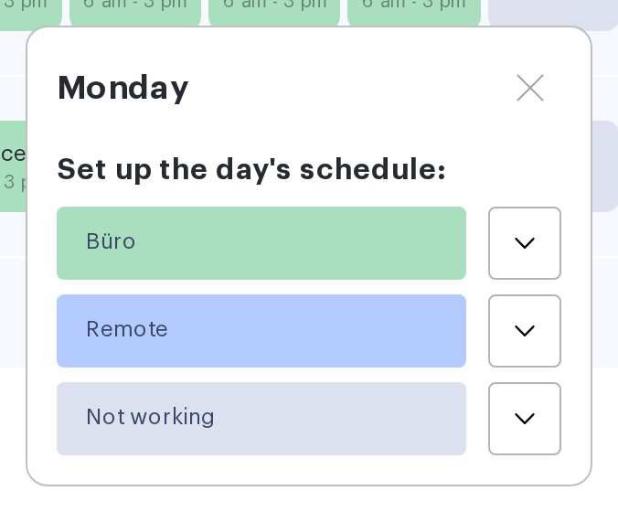 The day window in the UnSpot schedule with the Office, Remote and Not working buttons