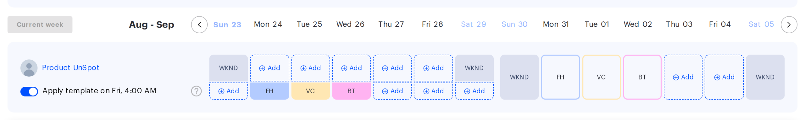 The Work schedule page in UnSpot: week selector, your own row and the Repeat using template toggle