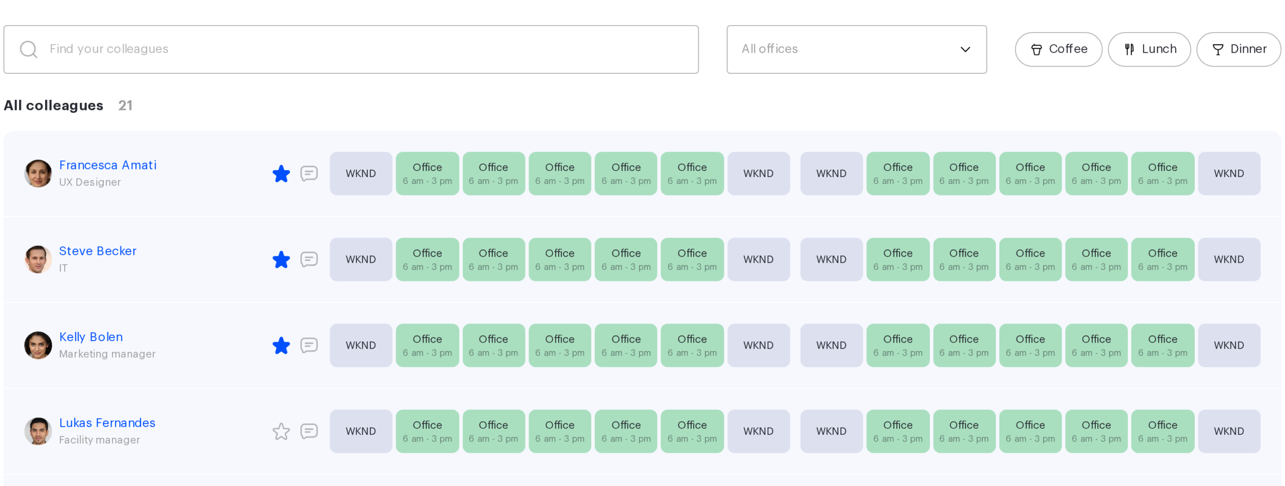 The All colleagues block in UnSpot: the Find your colleagues box, the office filter and the Ready for marks
