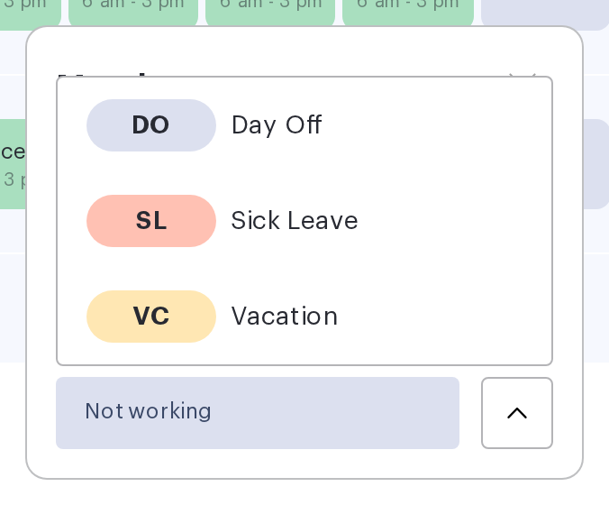 The expanded list of sub-statuses in the Not working group: Day Off, Sick Leave, Vacation