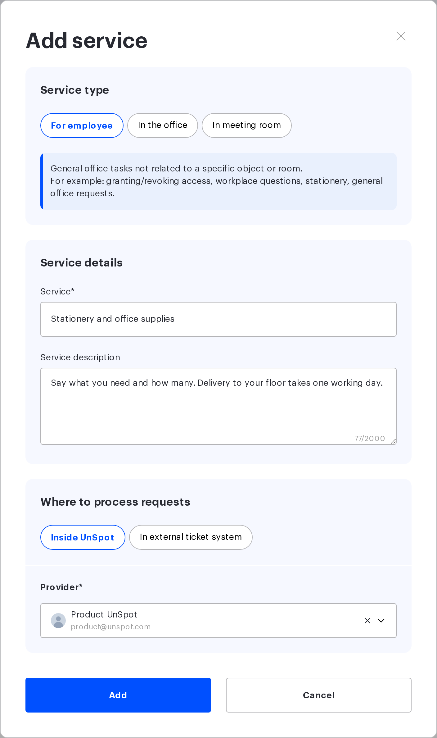 Add service modal with the For employee type selected
