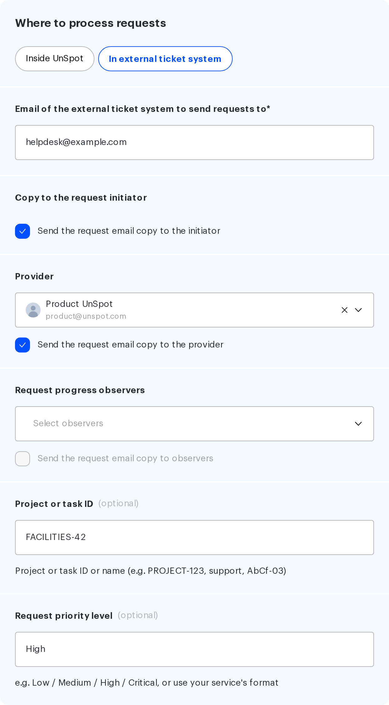 Integration fields of a service processed in an external ticket system
