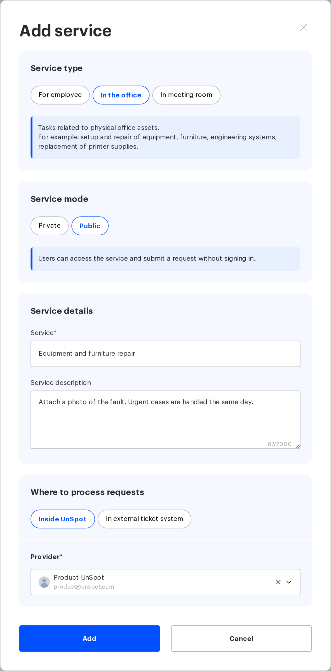 Add service modal with the In the office type and the Service mode block