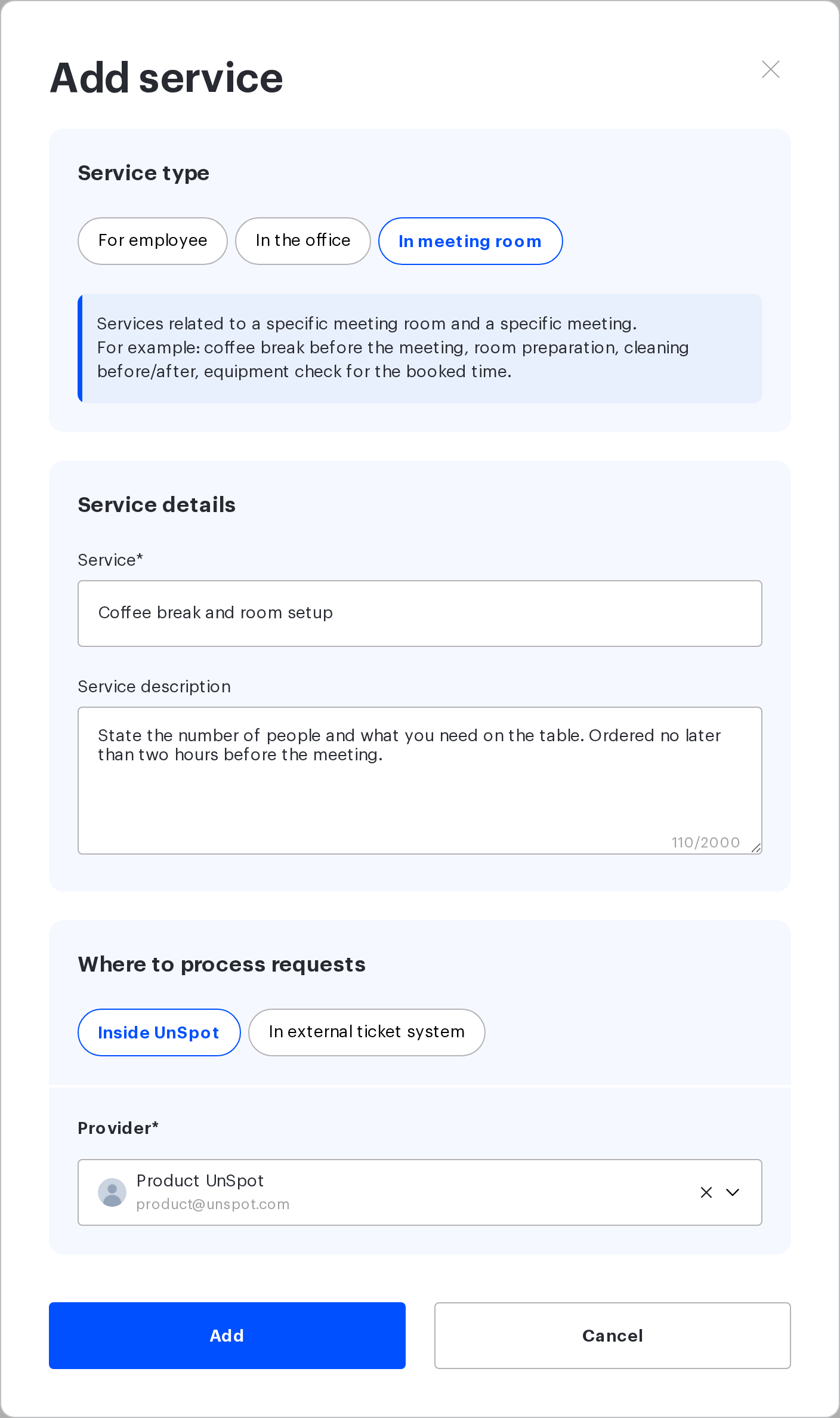 Add service modal with the In meeting room type selected