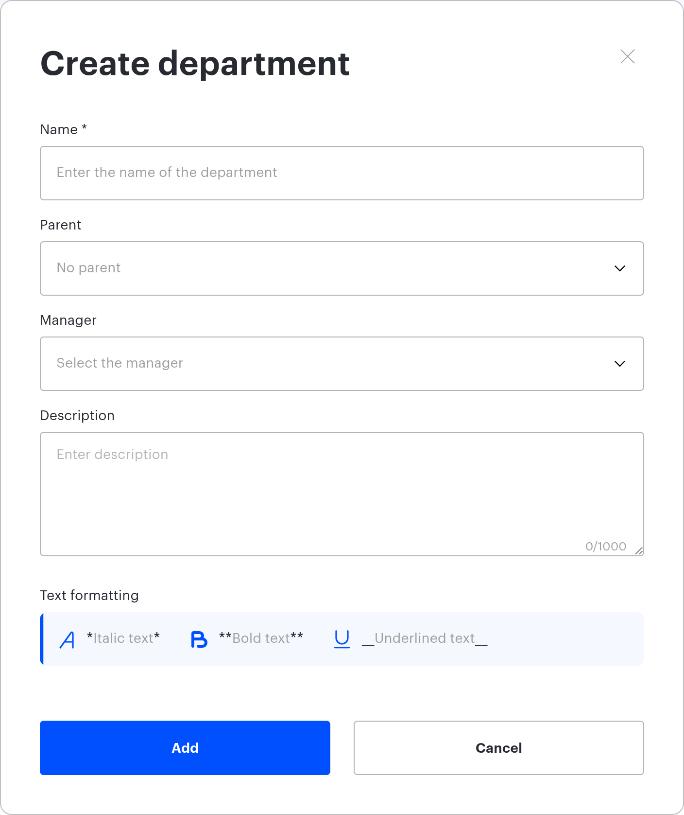 Create department form in UnSpot with the Name, Parent, Manager and Description fields