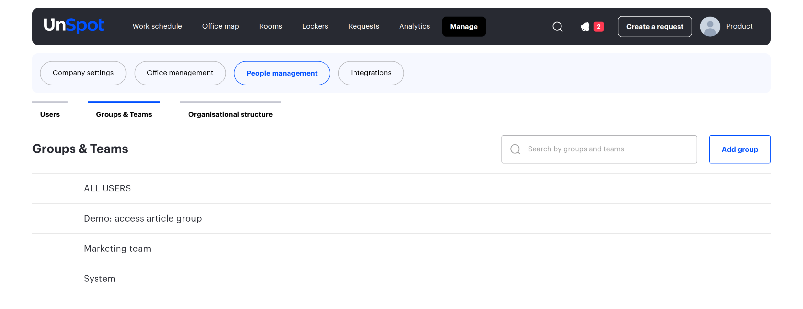 Groups and Teams screen in the UnSpot management console
