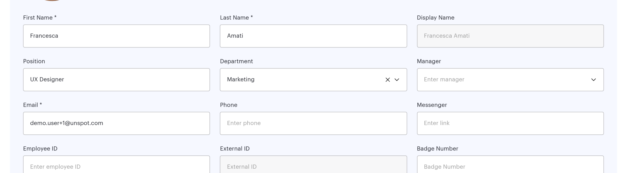 Department and Manager fields in the UnSpot employee profile