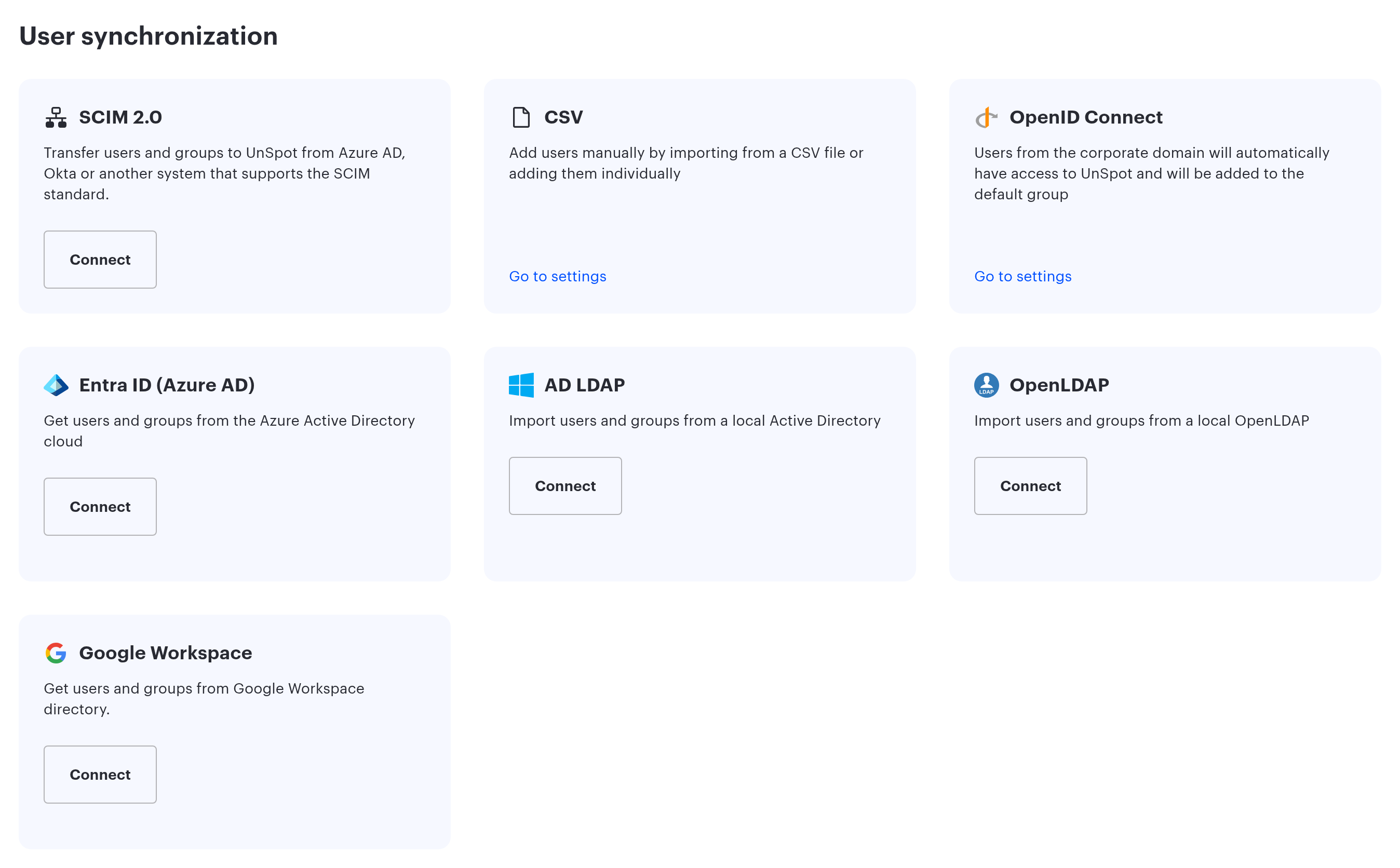 The User synchronization block on the Synchronisations tab with the available connection methods