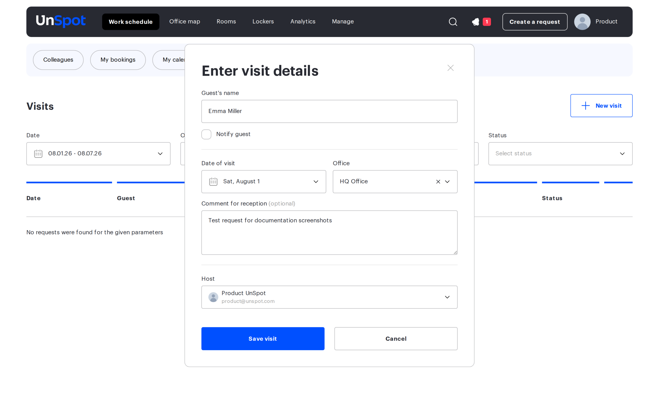 The Enter visit details window: guest, date, office and comment for reception