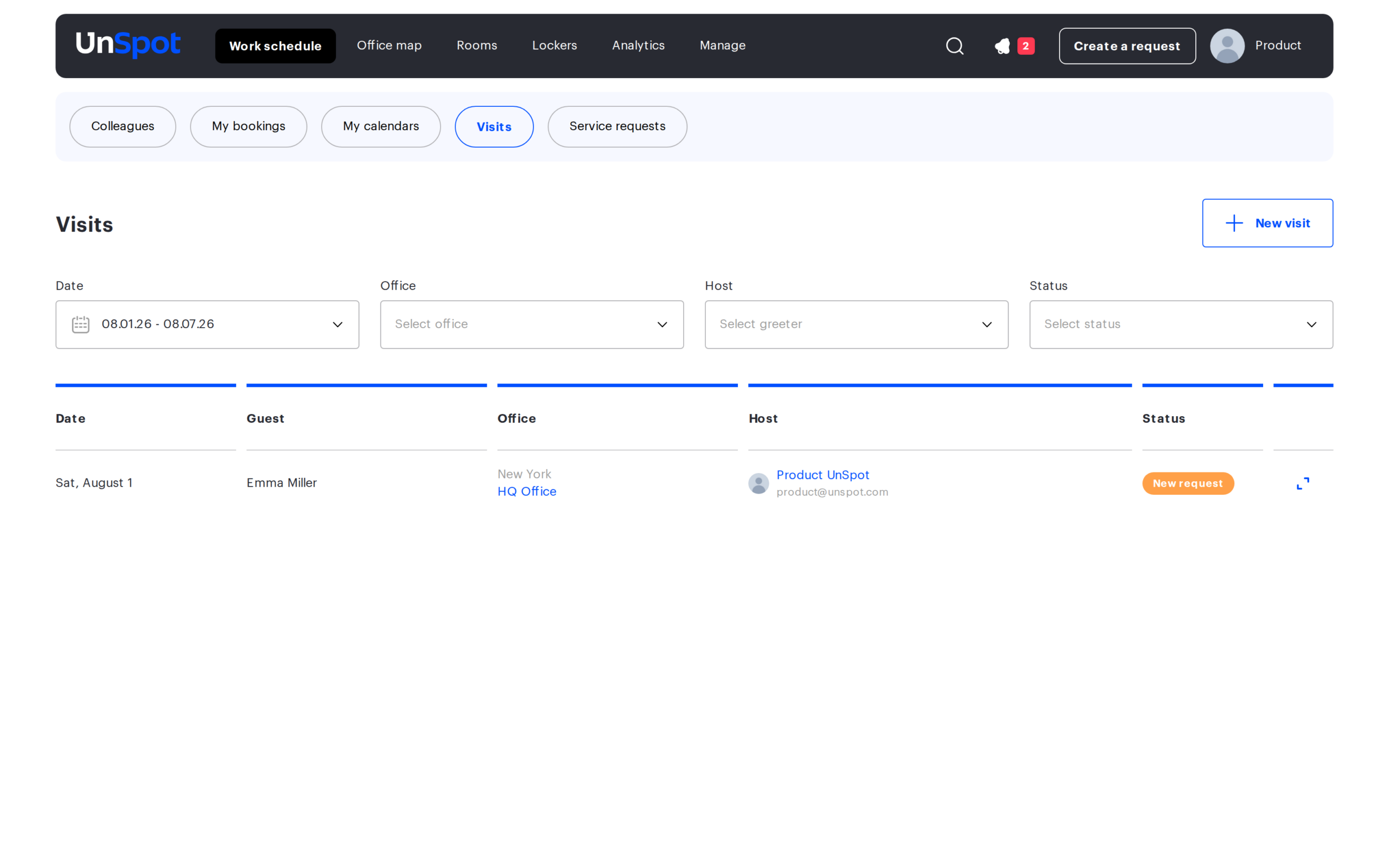 The Visits page with the request list