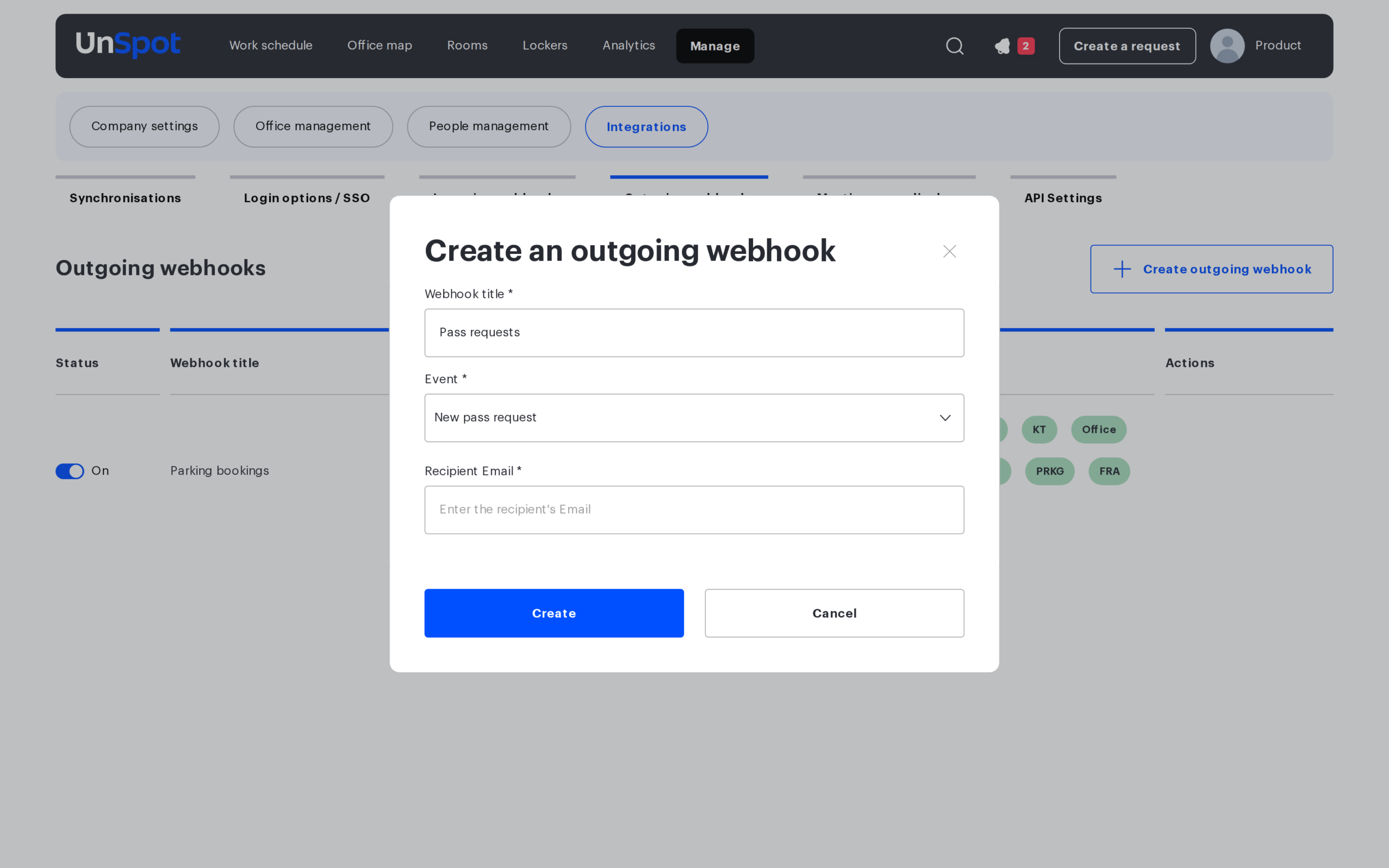 Creating an outgoing webhook for the New pass request event