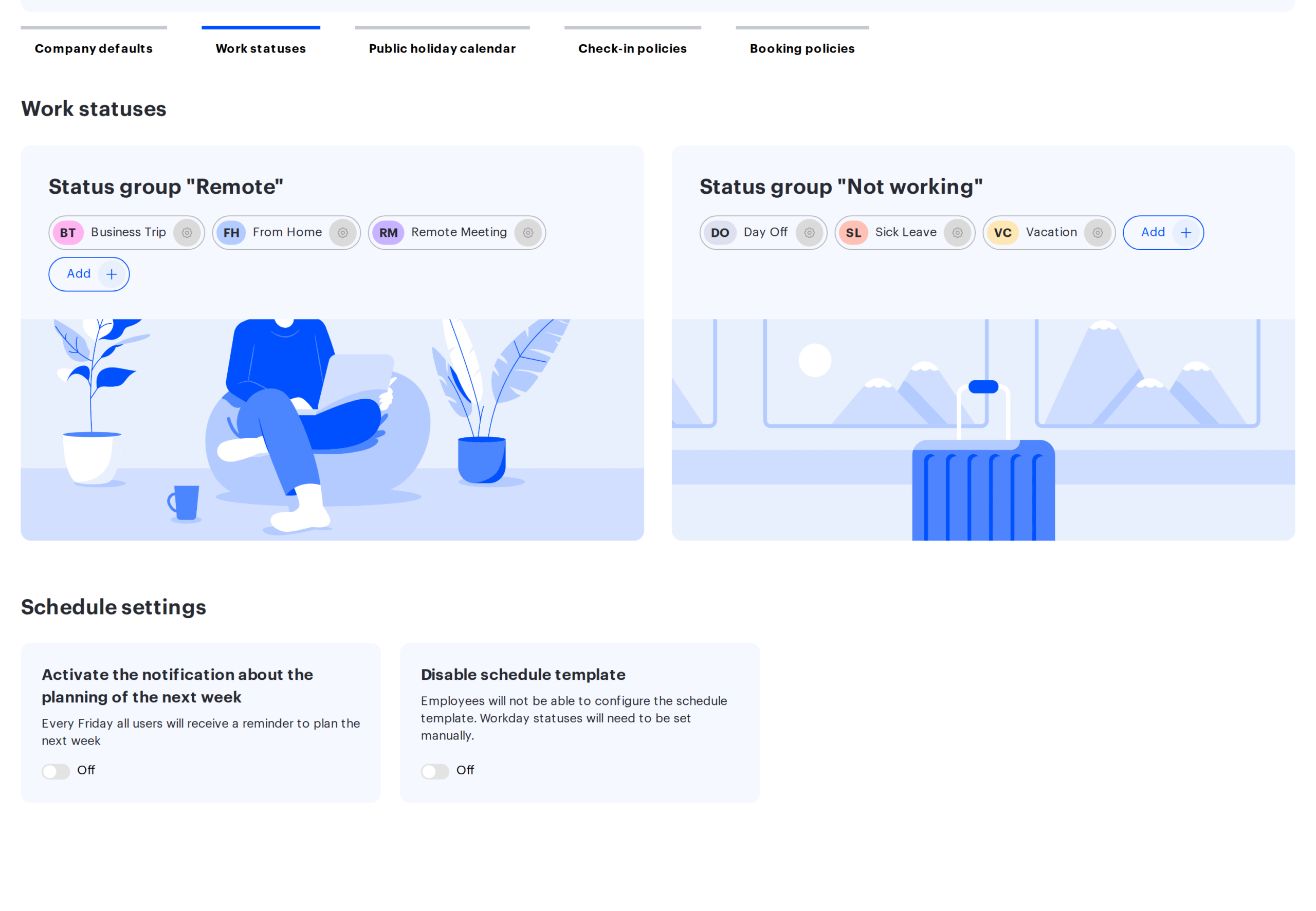 The Work statuses page in UnSpot: two status groups and the Schedule settings block
