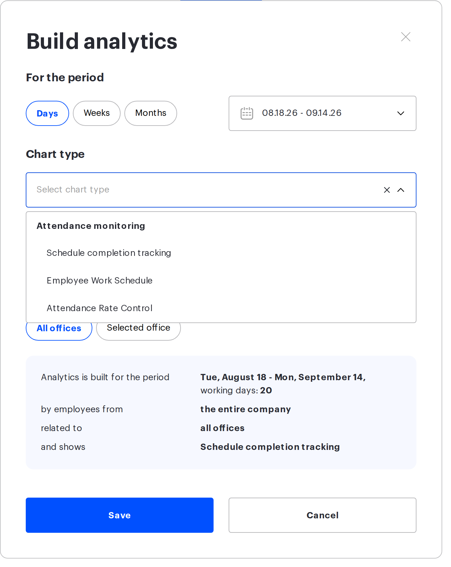 the Build analytics window with a chart type selected