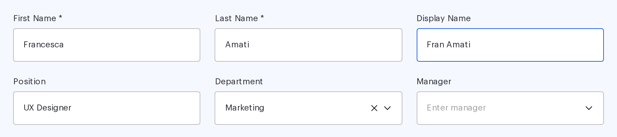 Employee card: the Display Name field next to first and last name