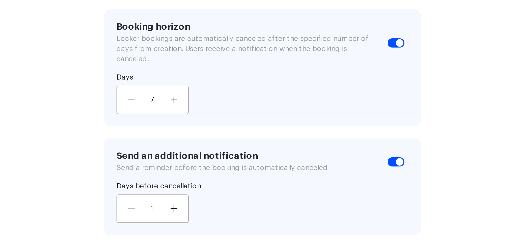 Locker settings: a seven-day booking horizon with a reminder sent one day before automatic cancellation