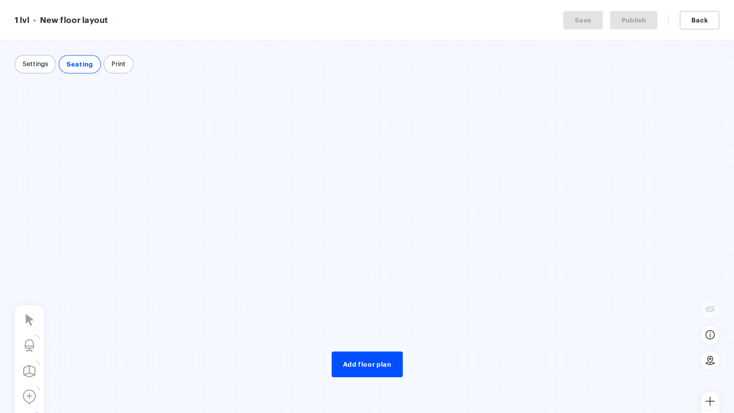 An empty draft in the Seating mode: the Add floor plan button, Save and Publish disabled