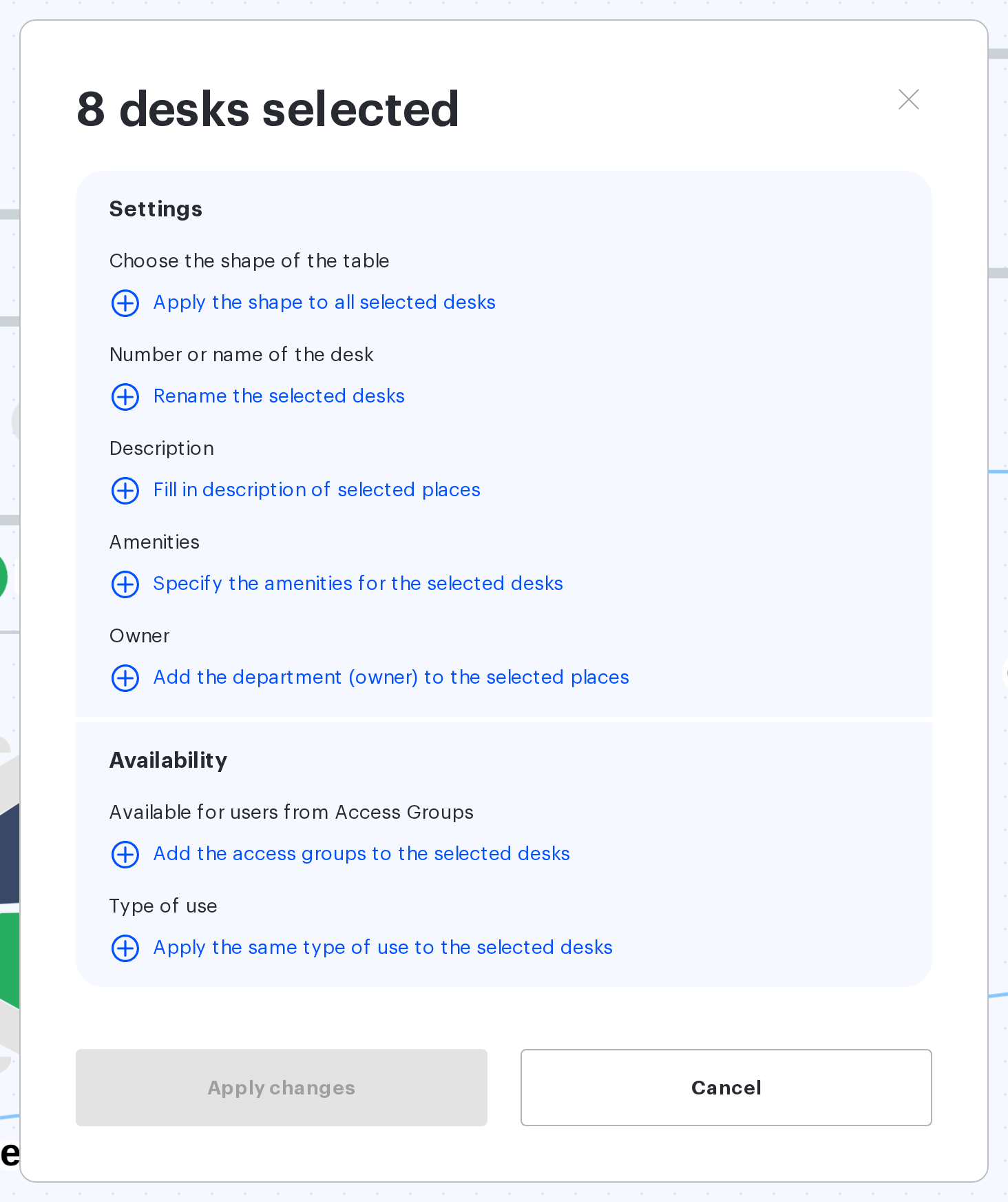 Bulk editing: eight desks selected, each property switched on by its own checkbox