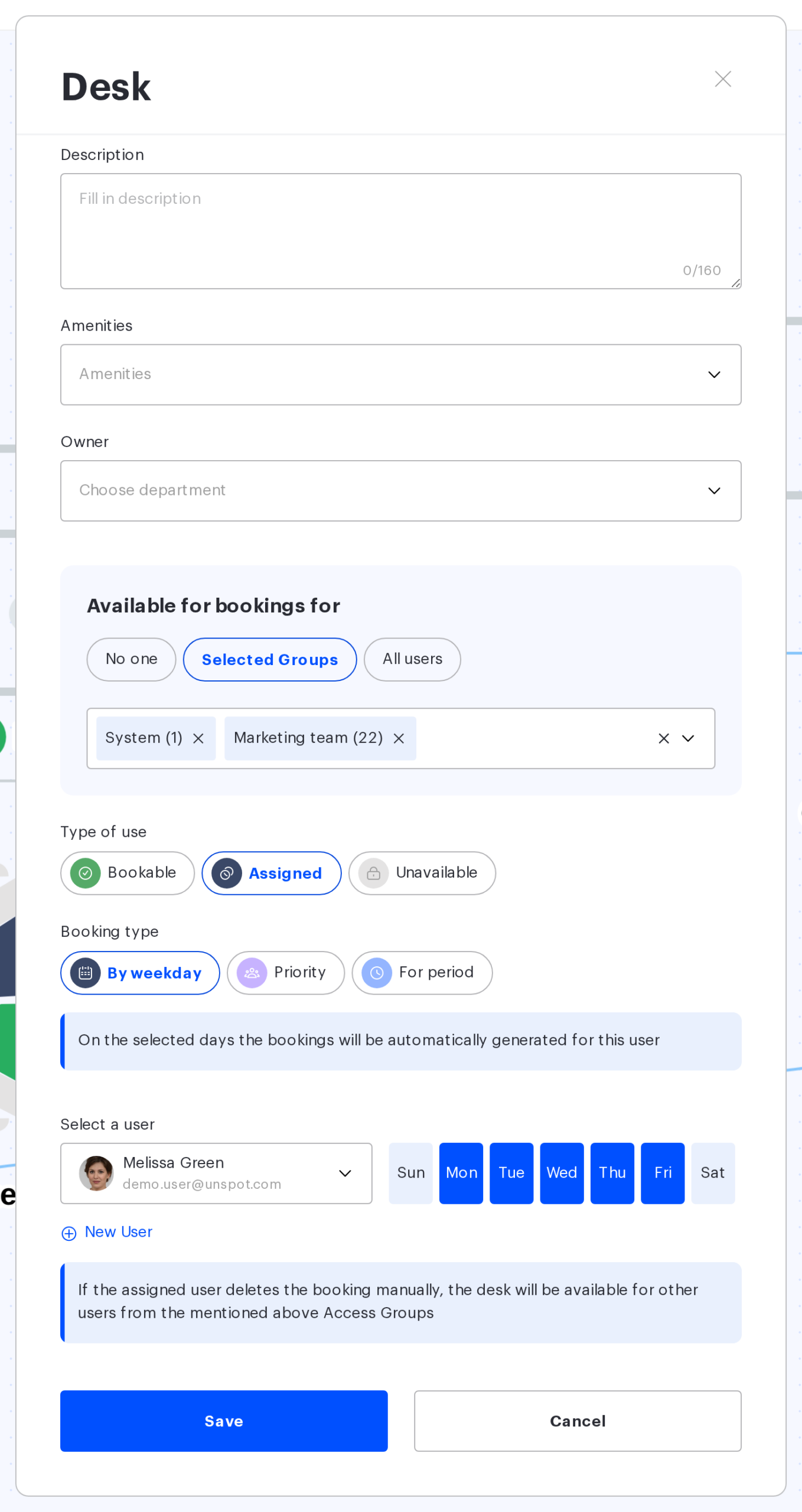 The desk card: type of use Assigned, the By weekday subtype and the user picker