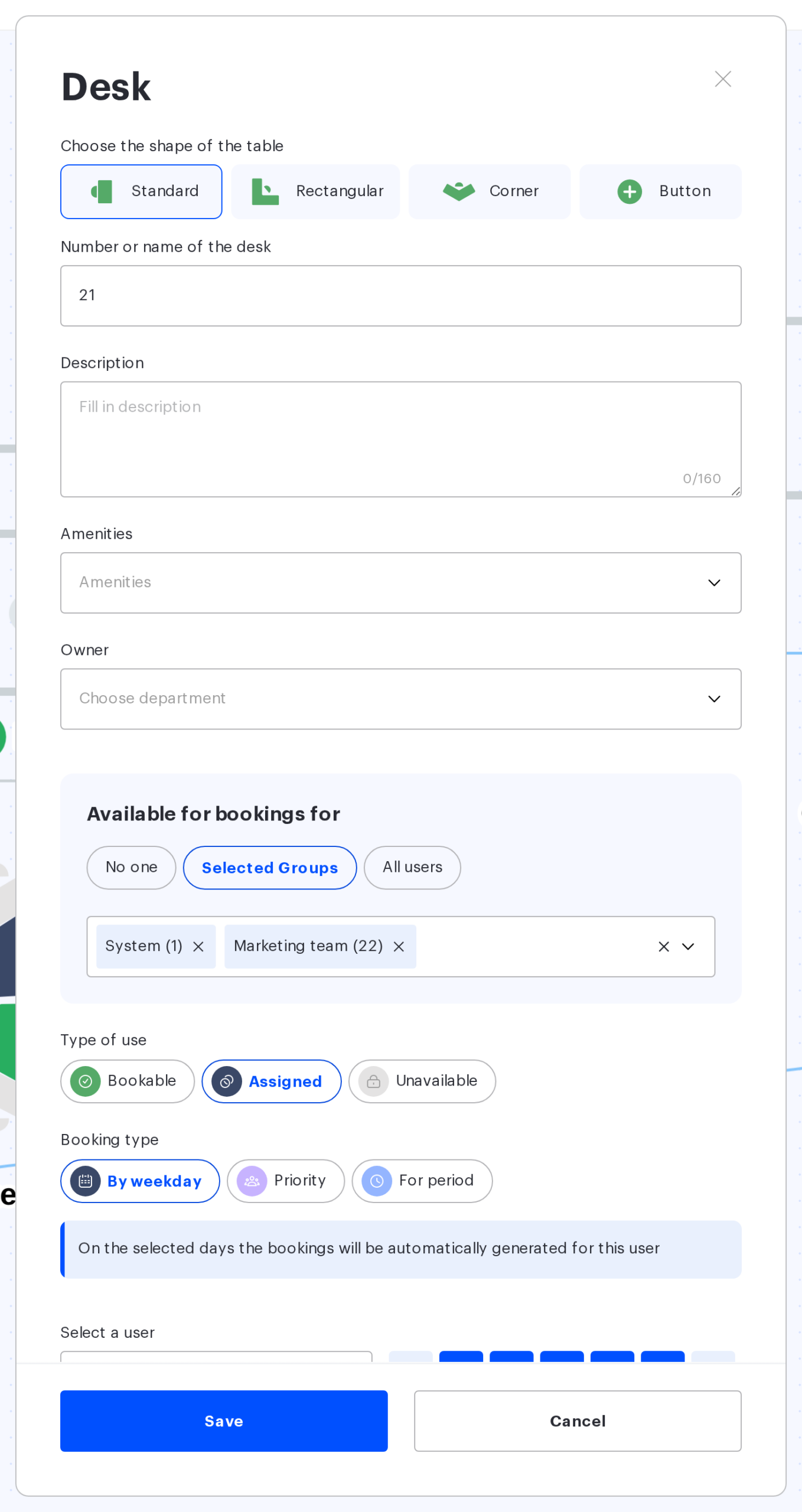 The desk card: type of use and booking type