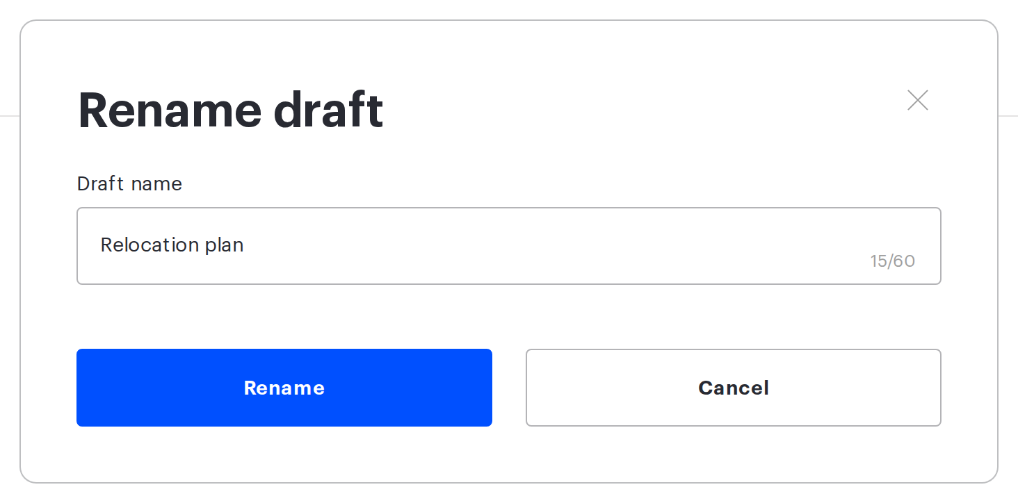 The Rename draft window with the name field and a 60-character counter