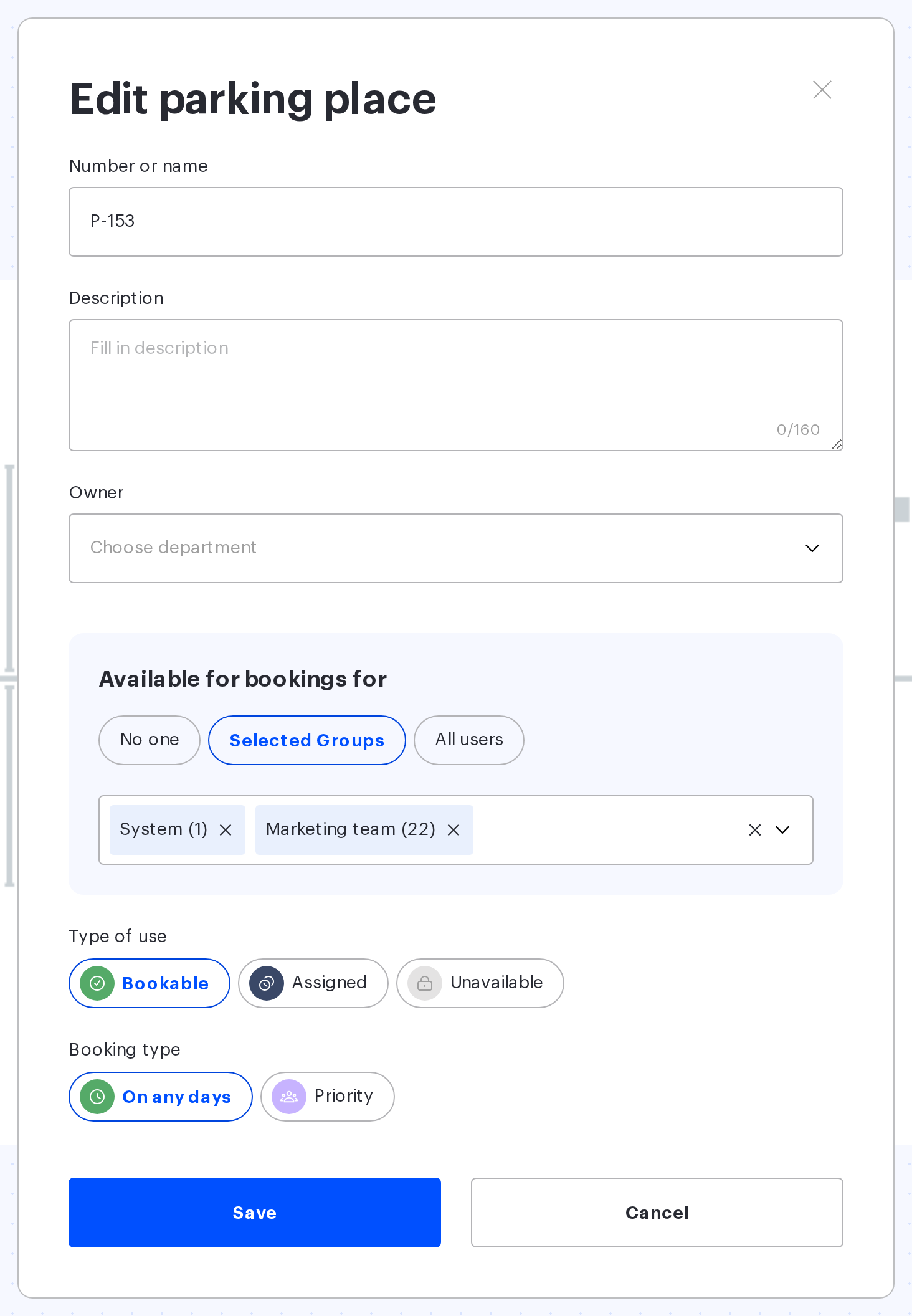 The parking space card: type of use and the only booking type, On any days