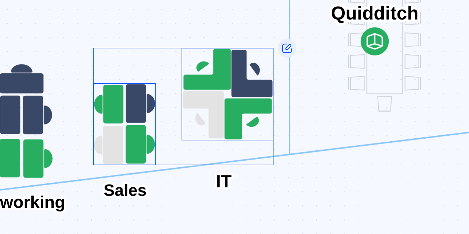 Two desk pods selected on the map with the bulk edit control