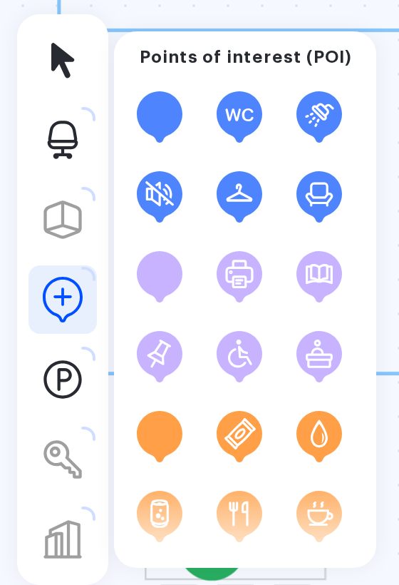 The Points of interest (POI) tool panel: icons grouped by category