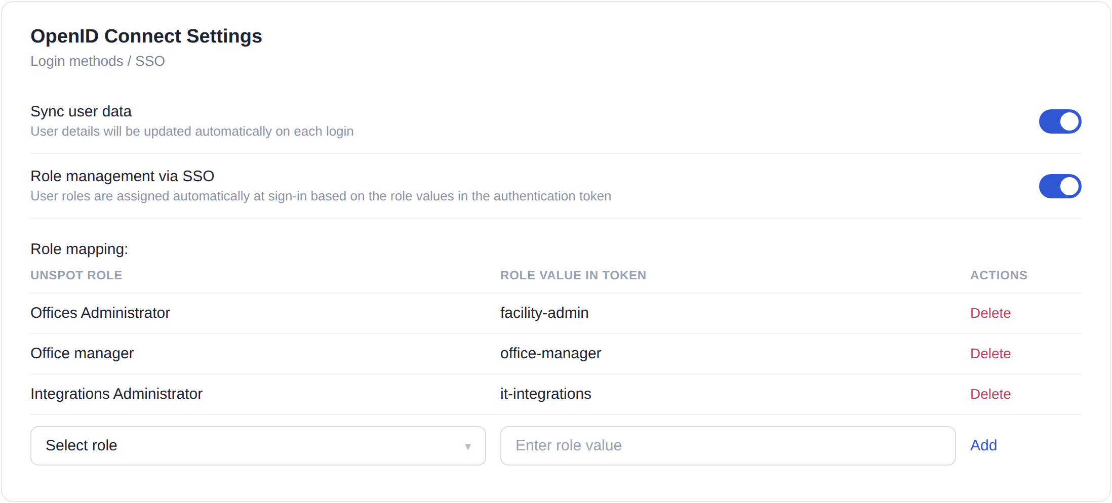 OpenID Connect settings: the «Role management via SSO» toggle and the role mapping table