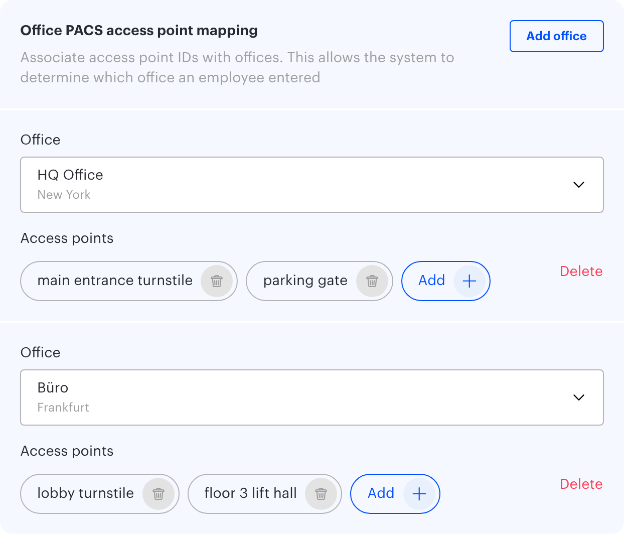 The Office PACS access point mapping block in incoming subscription settings: two offices and their access points